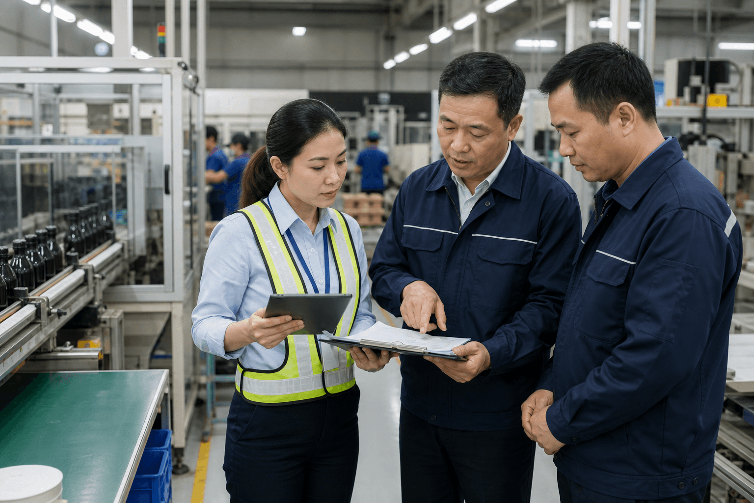 Auditor and factory managers reviewing audit records together on a production floor