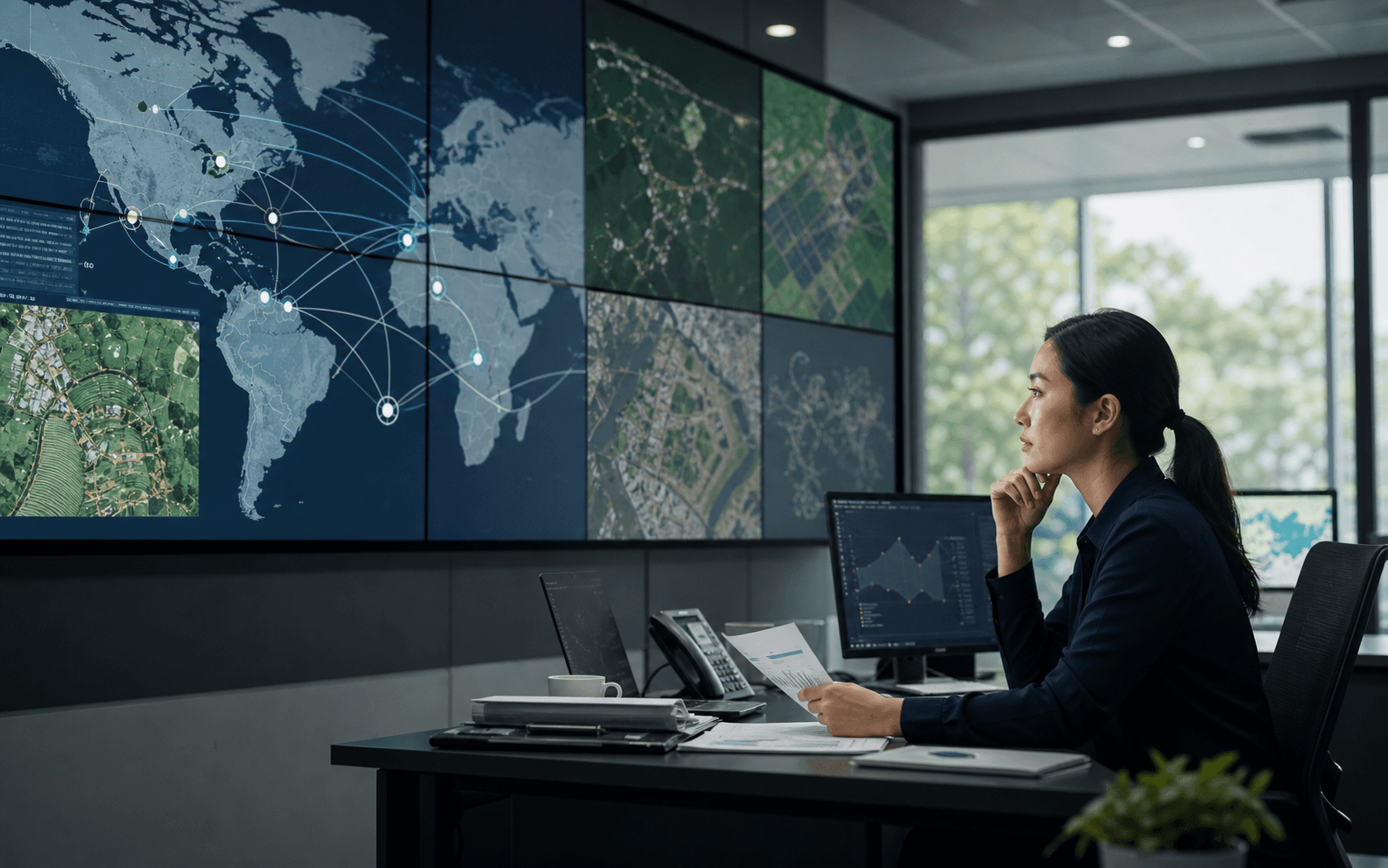 ESG analysts reviewing corporate sustainability and satellite data