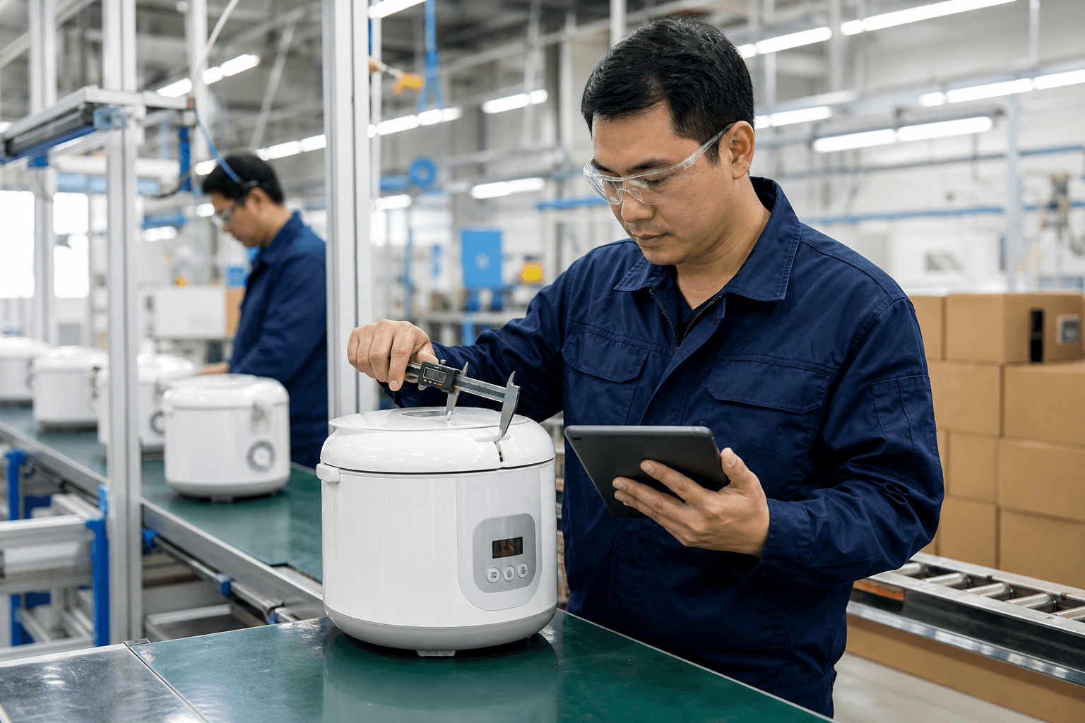 Quality inspector using a caliper and digital device to inspect a home appliance on a factory production line