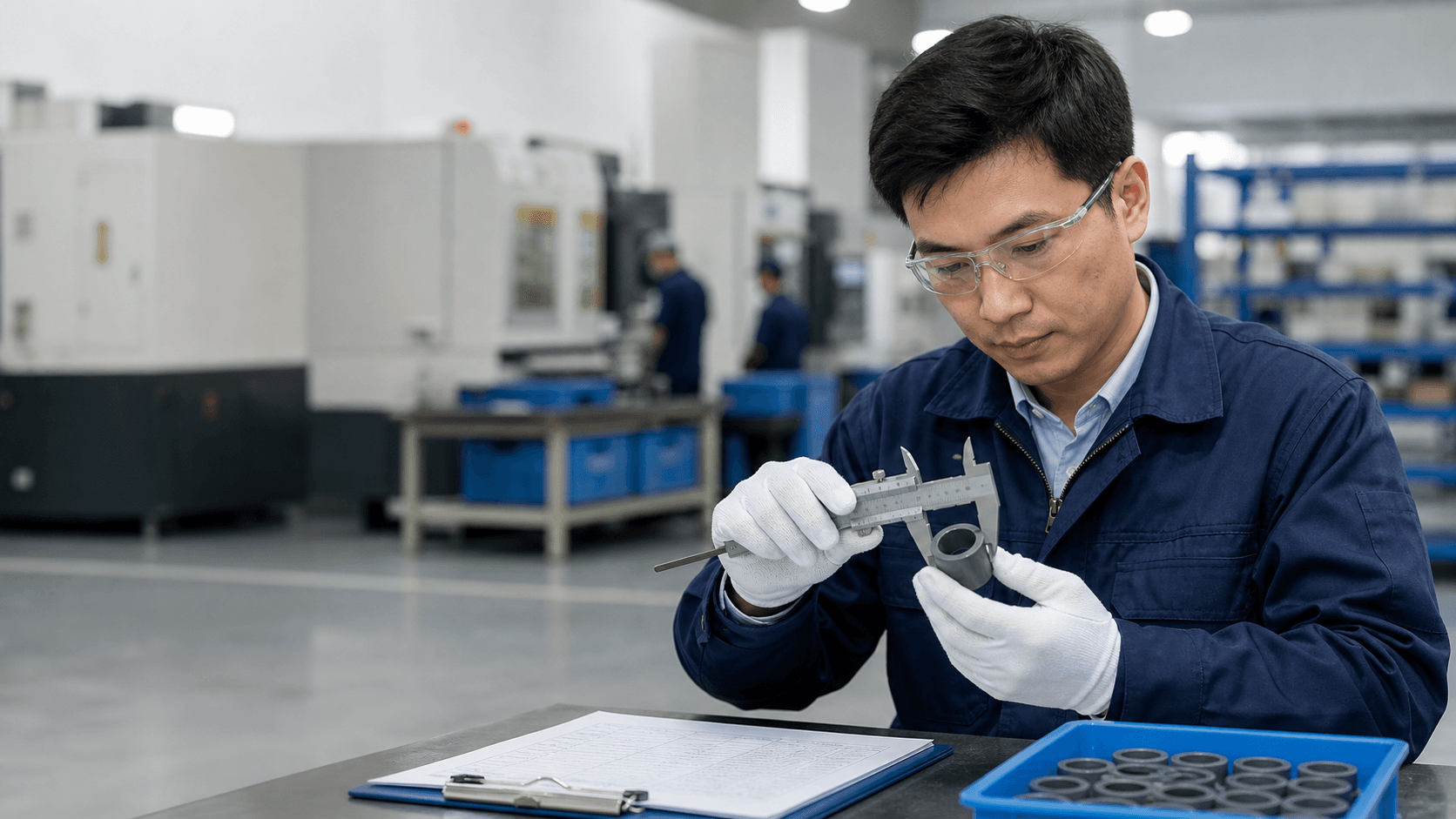 Quality inspector measuring a component in a modern factory