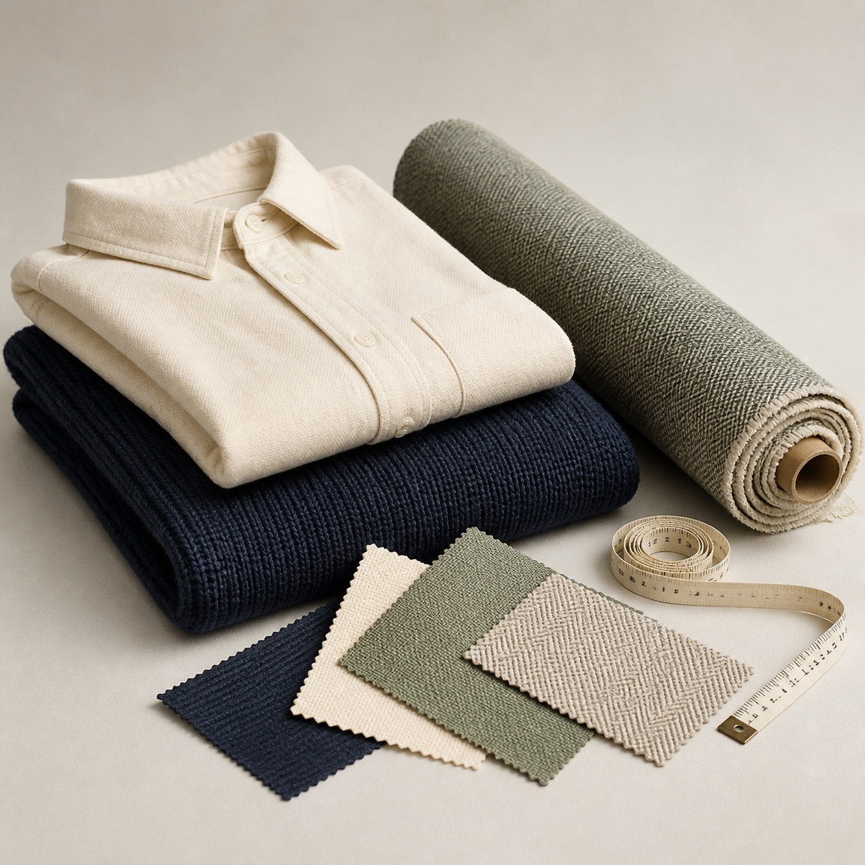 Typical apparel and textile products including garments, knitwear, fabrics and swatches