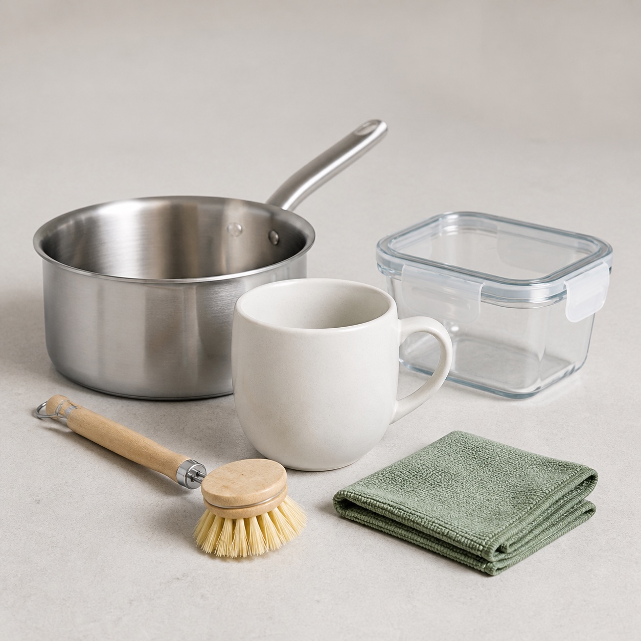 Typical household products including cookware, a mug, storage container and cleaning items